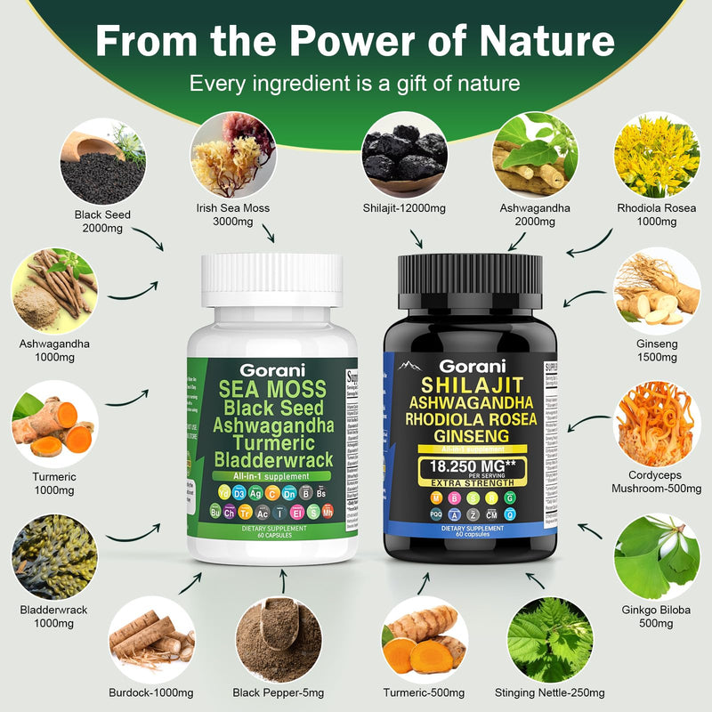 [Australia] - Sea Moss and Shilajit Bundle - Shilajit Pure Himalayan Organic Capsules & Sea Moss Black Seed Oil Ashwagandha Ginger Capsules, Shilajit and Sea Moss Combo for Men Women (2 Pack) 