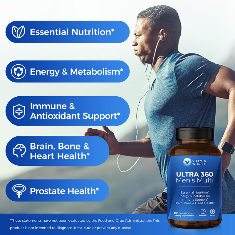 Vitamin World Ultra 360 Multivitamin for Men, Energy & Performance Support | Men's Multivitamin with Herbs & Antioxidants, Vitamins A, C, D, E & B12 plus Zinc for Immune Support, 180 Caplets