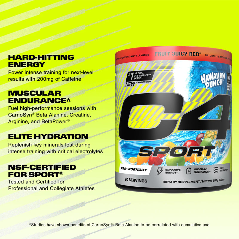 [Australia] - Cellucor C4 Sport Pre Workout Powder - NSF Certified for Sport - Elite Hydration - 200mg Caffeine + Creatine + Beta-Alanine - Electrolytes and Energy Supplement - Hawaiian Punch, 20 Servings 8.61 Ounce (Pack of 1) 