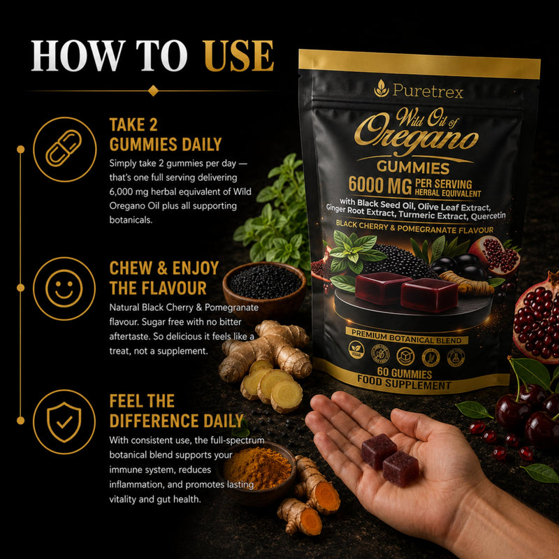 Oregano Oil Gummies 6000mg Herbal Equivalent with Black Seed Oil, UK Made Wild Oregano Oil Immune Support Gummies with Olive Leaf, Ginger, Turmeric, Vitamin C, Zinc & Black Pepper, Vegan 60 Count