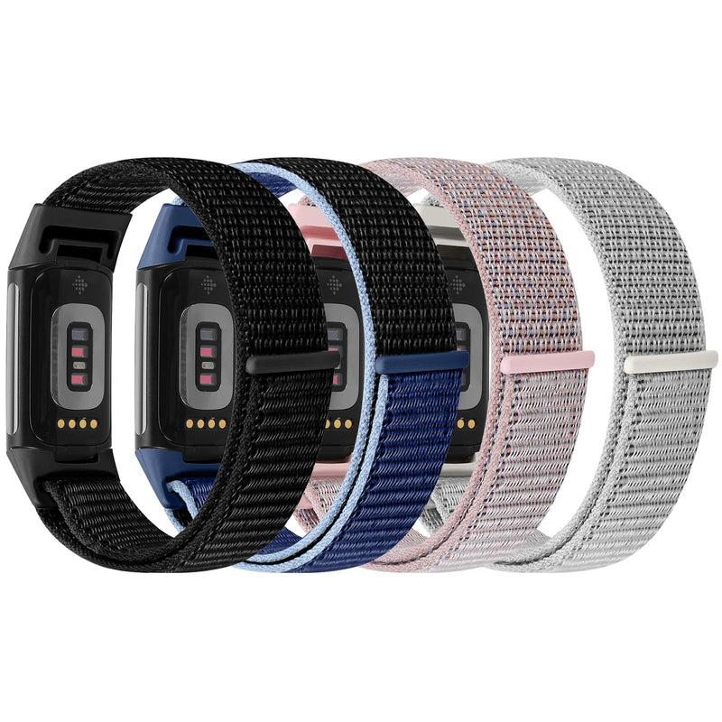 4 Pack Nylon Watch Bands Compatible with Fitbit Charge 6/Fitbit Charge 5, Adjustable Breathable Replacement Nylon Wristband Fitbit Charge 5 Charge 6 Sport Strap for Women Men Black+New Midnight Blue+Pink Sand+Sea Shell