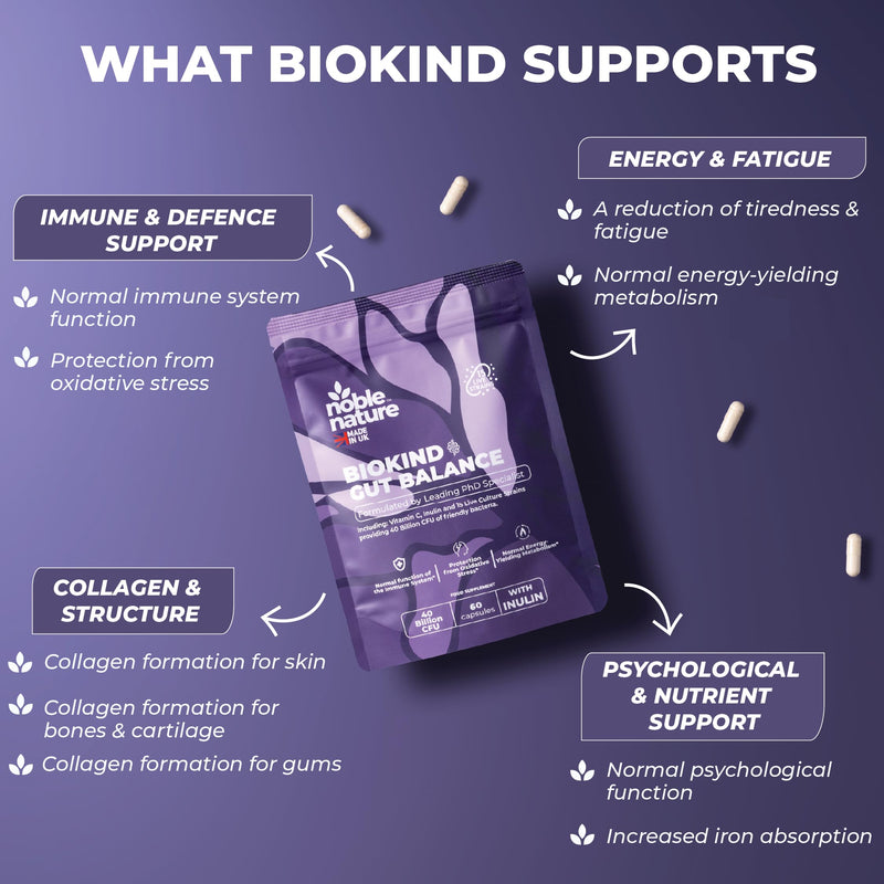 Noble Nature Biokind Gut Balance – 40 Billion CFU Friendly Bacteria - Bio Cultures Complex - 15 Strains - Lactobacillus & Bifidobacterium for Gut, Immune & Digestive Health with Inulin & Vitamin C 60
