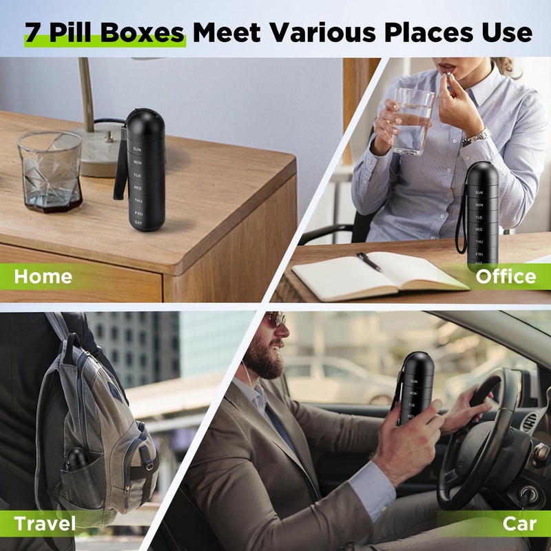 Zannaki Upgrade Large Metal Travel Pill Organizer, Waterproof Weekly Pill Box, Portable Aluminum Alloy Pill Case Container, BPA Free 7 Day Daily Medicine Organizer Holder for Vitamin,Pills,Supplement Black