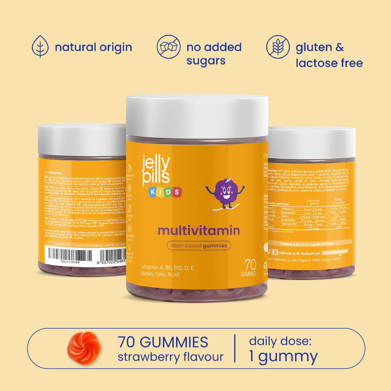 Jelly Pills Kids Multivitamin Gummies + 14 Vitamins & Minerals with Vitamins A, C, D, E, Zinc, Biotin & Folic Acid - 70 Vegan Gummies for 2 Months - No Added Sugar - Strawberry Flavour