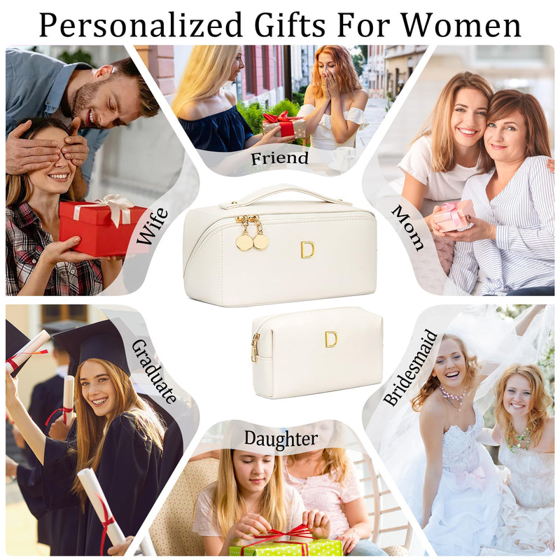 Initial Makeup Bag Personalized Gift for Women Teen Girls | Waterproof PU Leather, Open Flat Design Cosmetic Bag, Multiple Compartments Travel Toiletry Bag (Large Beige, D) Large Beige