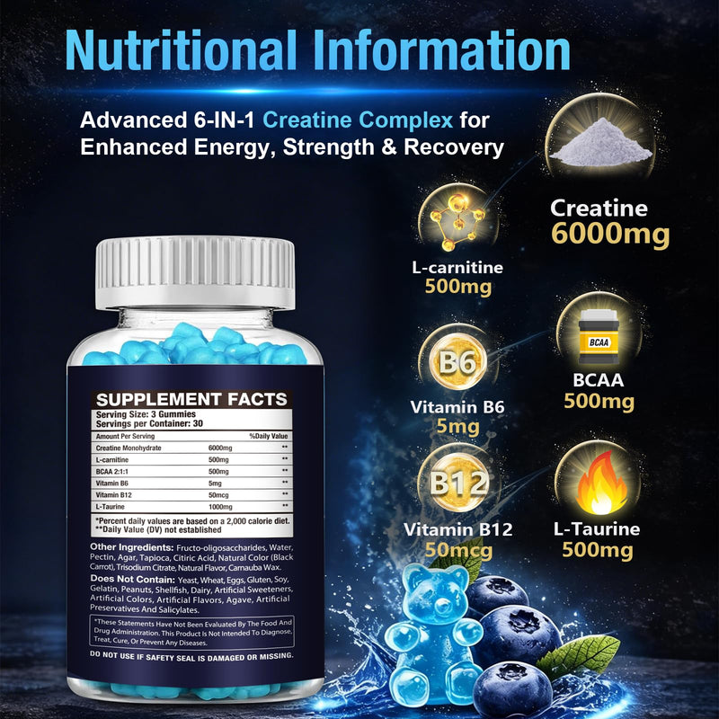 Creatine Gummies 6000mg, Creatine Monohydrate Powder & Tablets Alternative, Pre/Post Gym Workout Support for Muscle Strength & Recvovery, with BCAAs & L-Theanine, Creatine Monohydrate for Adults 90 count (Pack of 1)