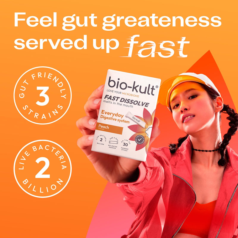 Bio-Kult Everyday Fast Dissolve Powder – 2 Billion CFU + Vitamins C & D | 3 Clinically Researched Strains for Daily Gut & Digestive Support | Peach Flavour | Fast-Melting, No Water Needed | 30 Sachets