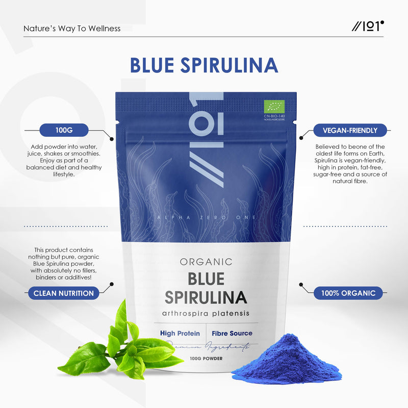 Organic Blue Spirulina Powder 100g – 100% Natural Phycocyanin for Smoothies – Vibrant Blue Food Colouring & Ingredient – Rich in Protein – Resealable and Recyclable Pouch by Alpha01 100 g (Pack of 1)
