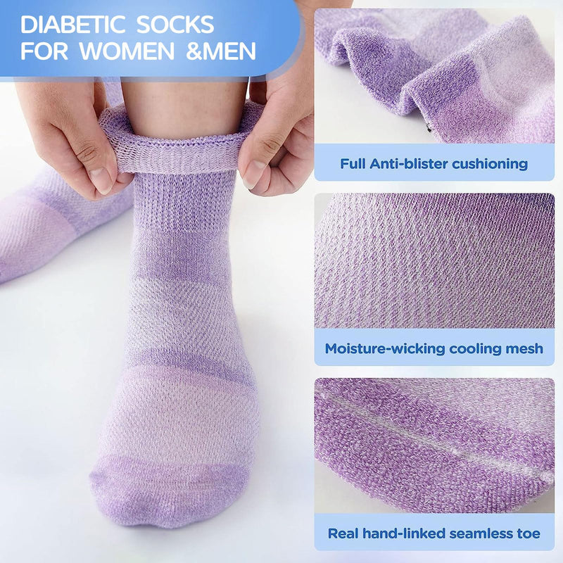 [Australia] - Bulinlulu Diabetic Socks for Women&Men,6 Pairs Non Binding Diabetic Ankle Socks,Wide Socks with Seamless Toe Size 6-9 9-11 Medium Pale Purple/Purple/Green/Orange Red/Black/White 