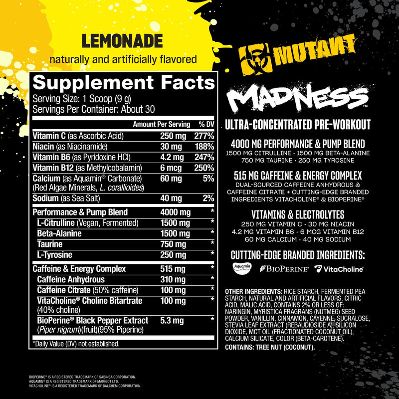 MUTANT Madness | Ultra-Concentrated Pre-Workout Supplement | 360mg Caffeine, 4g Pump & Performance Blend, Beta-Alanine, Energy & Focus | 30 Serving | Lemonade 30 servings (225 g)