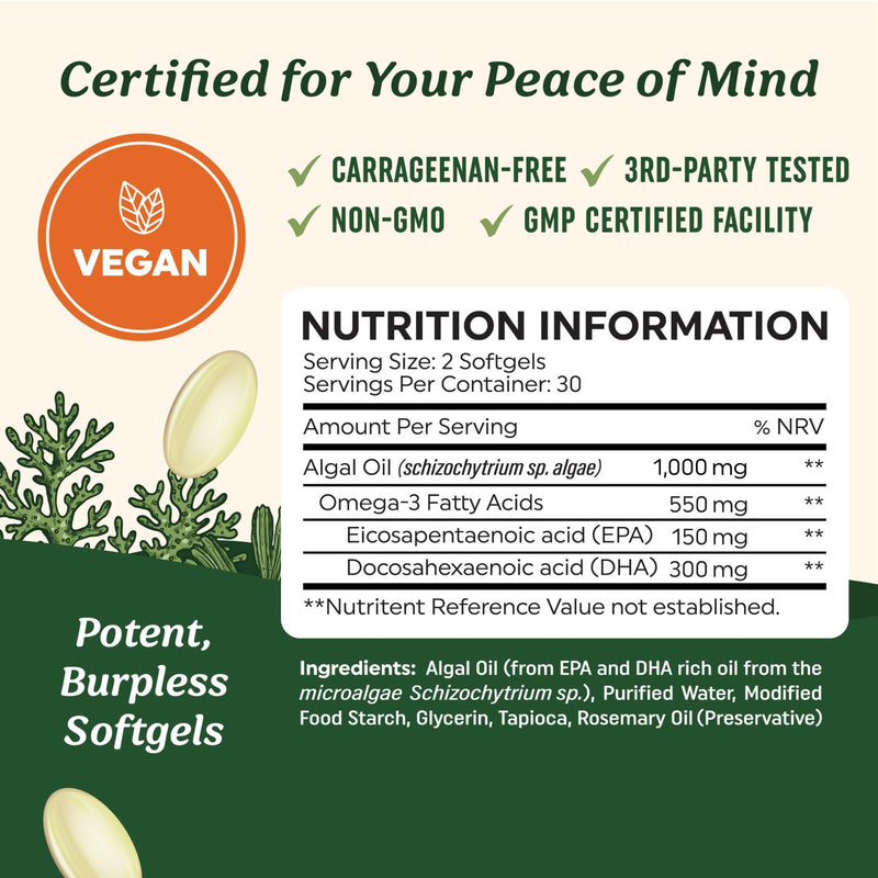Vegan Omega 3 Algae Oil | Plant Based DHA EPA | Sustainably Sourced, No Carrageenan, Non GMO | Heart, Brain, and Eye Health | Fish Oil Alternative | Algae Omega 3 Supplement | 60 Softgel Capsules Vegan Algae Oil, 60ct