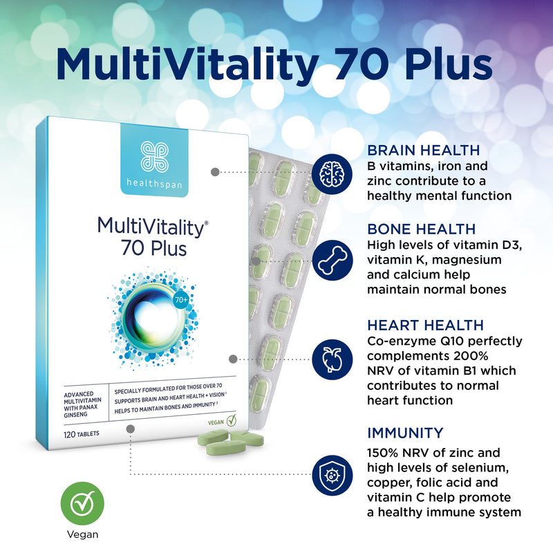 Healthspan Multivitamin 70 Plus | (120 Tablets) | Vitamin C & Vitamin D3 | Brain, Heart, Bone & Immunity Health | Ginseng, Bioflavonoids & Acetyl L-carnitine | Vegan 120 count (Pack of 1)