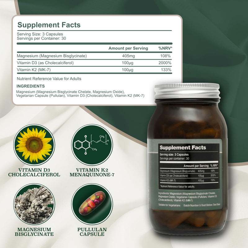 Magnesium Glycinate 405mg, Vitamin D3 4000iu (100ug), Vitamin K2 100ug, 90 High Strength Capsules
