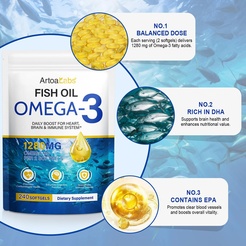Omega 3 Fish Oil 1280mg Capsules,240 Softgel(4 Months Supply),High Strength Pure Omega 3 Fish Oil,Supports Heart,Brain Function and Eye Health,No Gluten