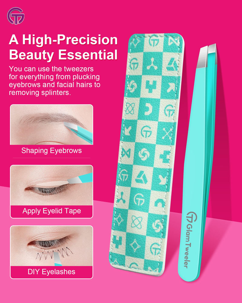 Expert Eyebrow Hair Removal Tweezer with Leather Case, GlamTweeler High Precision Slant Tip Stainless Steel Tweezers for Men and Women (Robin's Egg Blue) Robin's Egg Blue