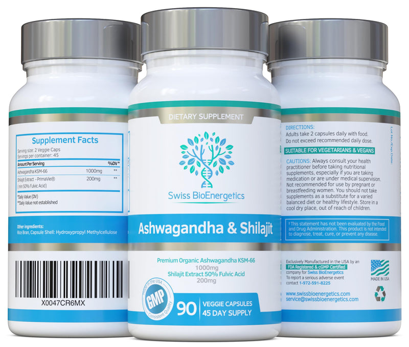 Ashwagandha & Shilajit - Award Winning Ashwagandha KSM-66 1000mg & Purified Shilajit Extract 200mg (60% Fulvic Acid) - No Artificial fillers, Binders or Flow Agents - Suitable for Vegans, Capsule