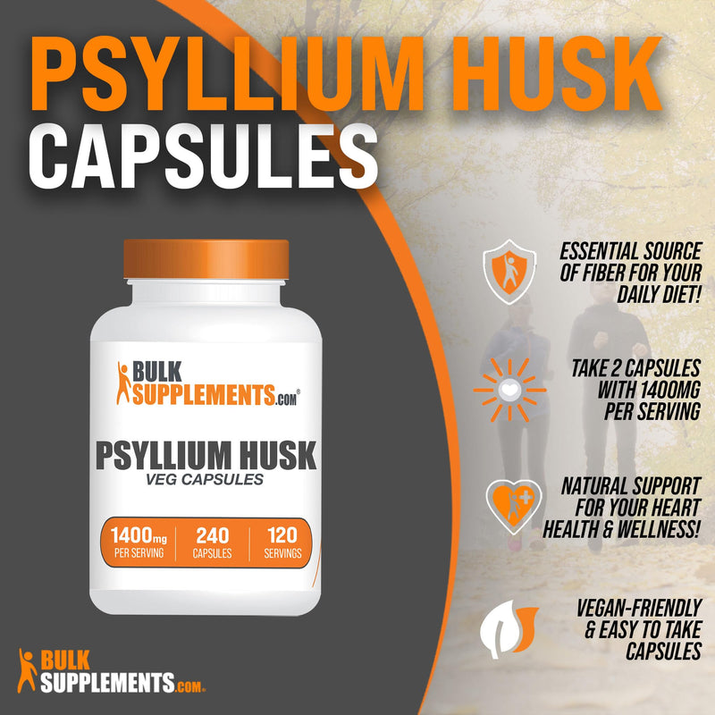 BulkSupplements.com Psyllium Husk Capsules - Fiber Supplement, Psyllium Husk Fiber, Psyllium Husk Pills - Vegan & Gluten Free, 2 Capsules (1400mg) per Serving, 240 Veg Capsules 240 Count (Pack of 1)