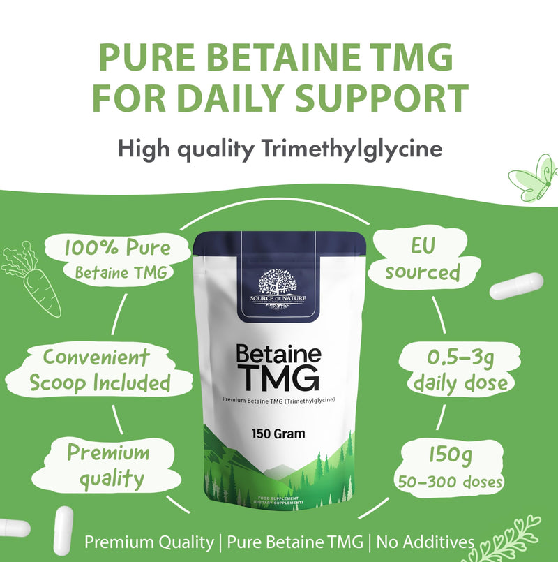 Source of Nature® | Betaine Anhydrous TMG Powder 150g | 100% Pure Trimethylglycine Supplement with Measuring Spoon | Vegan, Gluten-Free, No Additives