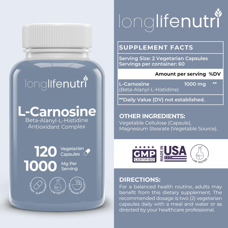 LongLifeNutri L-Carnosine 1000mg - Beta-Alanyl-L-Histidine Supplement for Cellular Energy & Brain Clarity, 120 Vegetarian Capsules, 2-Month Supply, GMP Certified, Made in USA 120 Count (Pack of 1)