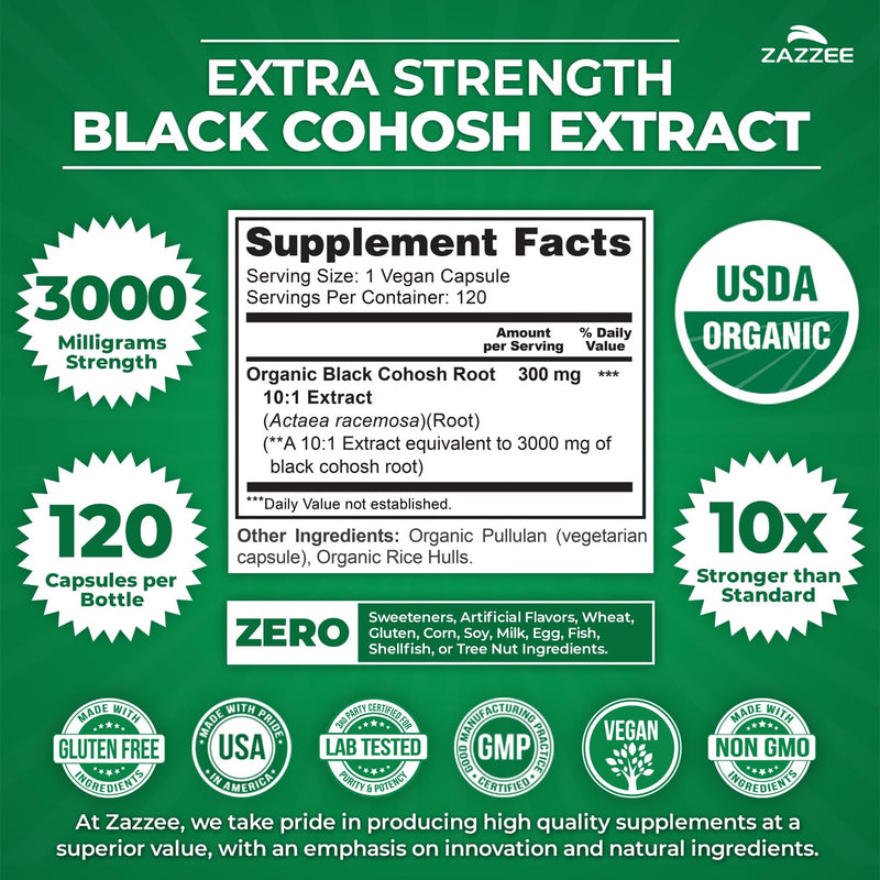 [Australia] - Zazzee USDA Organic Black Cohosh 10:1 Extract, 3000 mg Strength, 120 Vegan Capsules, 4 Month Supply, Standardized and Concentrated 10X Extract, 100% Vegetarian, All-Natural, Non-GMO, Made in The USA 