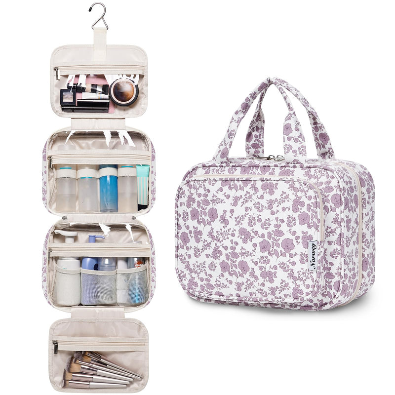 Narwey Cute Floral Makeup Bag Travel Cosmetic Bag with Hanging Toiletry Bag for Women