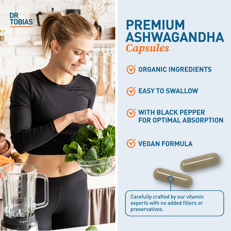 [Australia] - Dr. Tobias Ashwagandha Capsules, 1300mg Organic Ashwagandha Root Extract Per Serving with Black Pepper, Calming Adaptogen, Energy & Focus Supplement, 60 Vegetarian Capsules 
