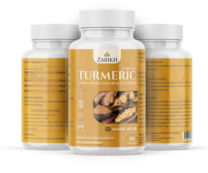 High Strength Turmeric and Black Pepper Capsules with Ginger Root | Supports Joint, Immune, Gut & Kidney Health | Anti Inflammatory Turmeric Supplement | 60 Vegan Turmeric Capsules | UK Made