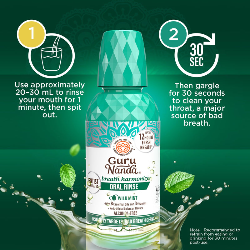 [Australia] - GuruNanda Fresh Breath Mouthwash, ADA-Accepted, Alcohol & Fluoride-Free, Sodium Chlorite, Essential Oils & Vitamins, 12-Hrs Fresh Breath, Wild Mint, 16 oz 16 Fl Oz (Pack of 1) 