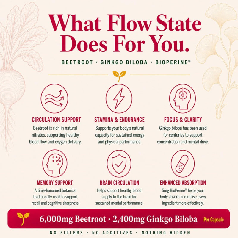 Flow State Formula | Beetroot & Ginkgo Biloba Capsules | Brain & Circulation Support | Dual 20:1 High Strength Extract | Caffeine Free | 90 Vegan Capsules