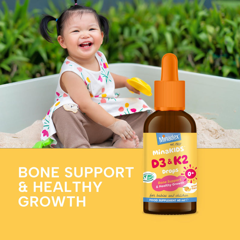 MinaKIDS D3 & K2 Drops – Delicious Orange Flavoured Supplement with 400 I.U D3, Essential Bone & Immune Support Vitamins for Babies and Children, Sugar-Free, Vegan, 60ml