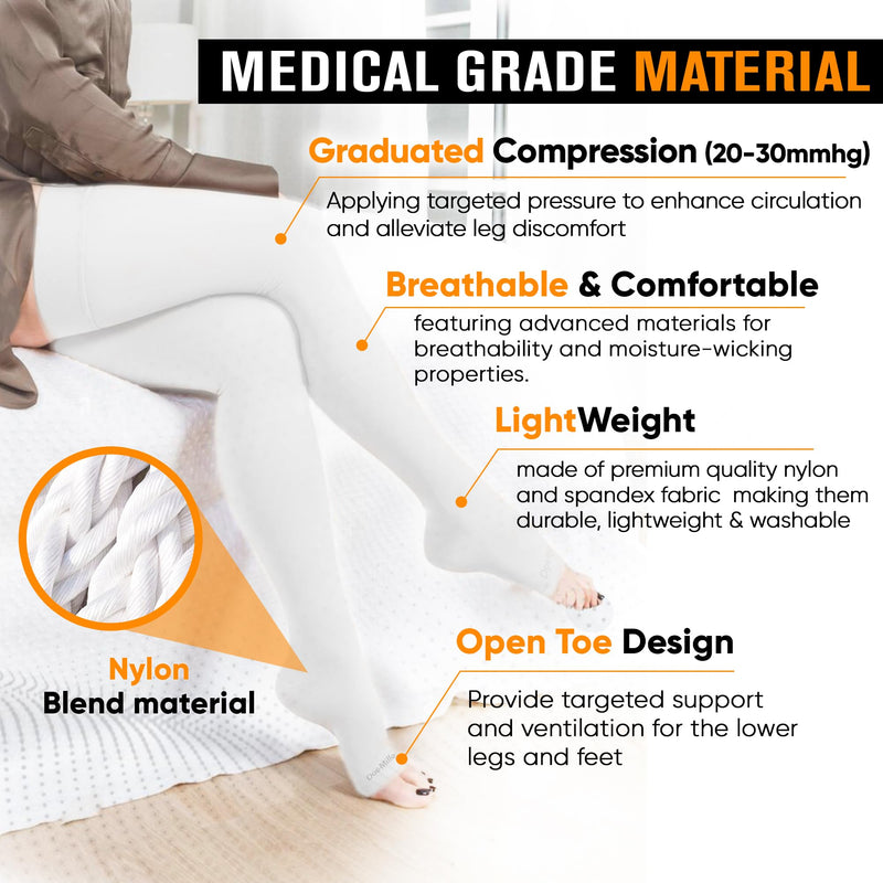 [Australia] - Doc Miller Thigh High Open Toe Compression Hose 20-30 mmHg Opaque Stockings Small White 