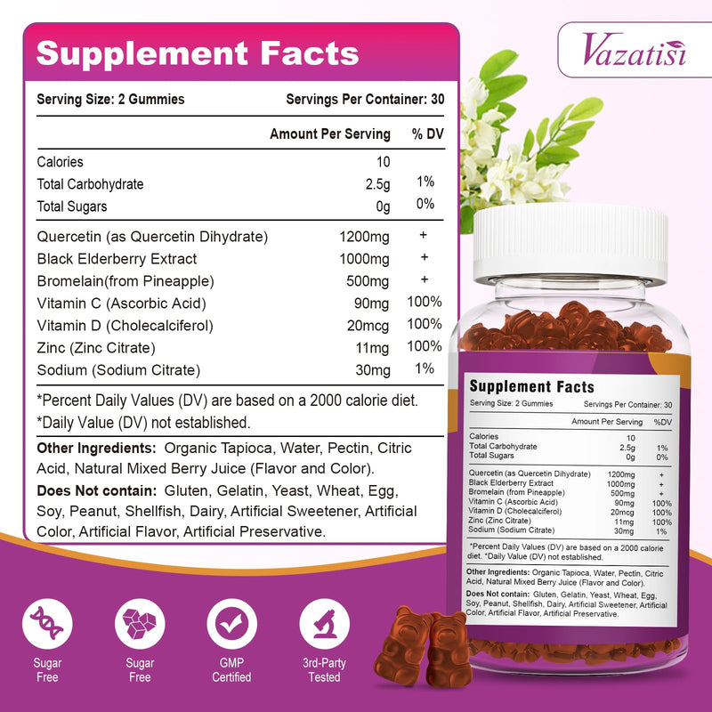 [Australia] - Quercetin Gummies, Quercetin with Vitamin C Zinc, Bromelain, Elderberry and Vitamin D, Immune Support Adults Kids, Women Men 120 Gummies Chewable 60 Count (Pack of 2) 