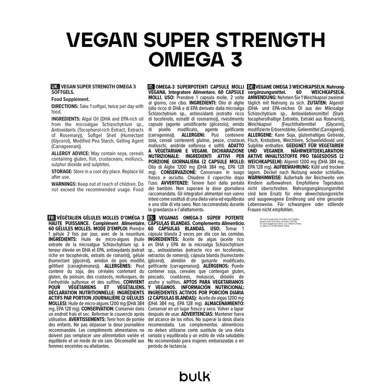 Bulk Vegan Super Strength Omega 3 Softgels, 1200 mg, Pack of 60, 60 Servings, Packaging May Vary
