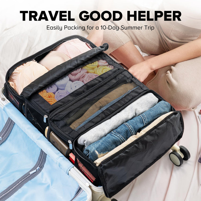 Vokelater Suitcase Organizer - Travel Luggage Organizer with Hanging Shelves & Packing Cubes - Collapsible, Portable, Carry-on, Medium, Black Black-M