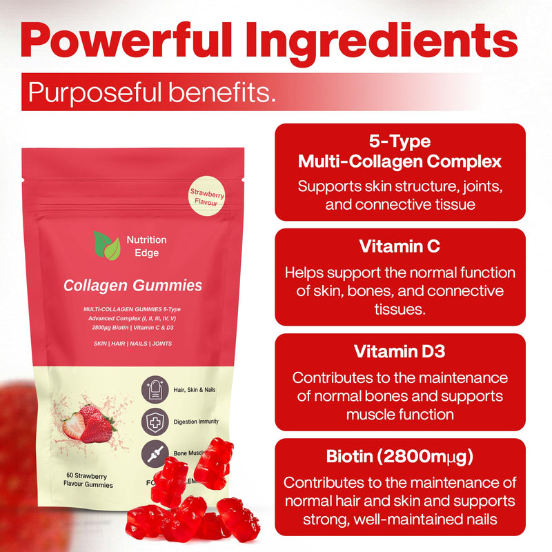 Nutrition Edge Multi Collagen Gummies (Types I, II, III, IV, V) with Biotin, Vitamin C & D3 - Skin, Hair, Nails and Joint Support - 60 Gummies