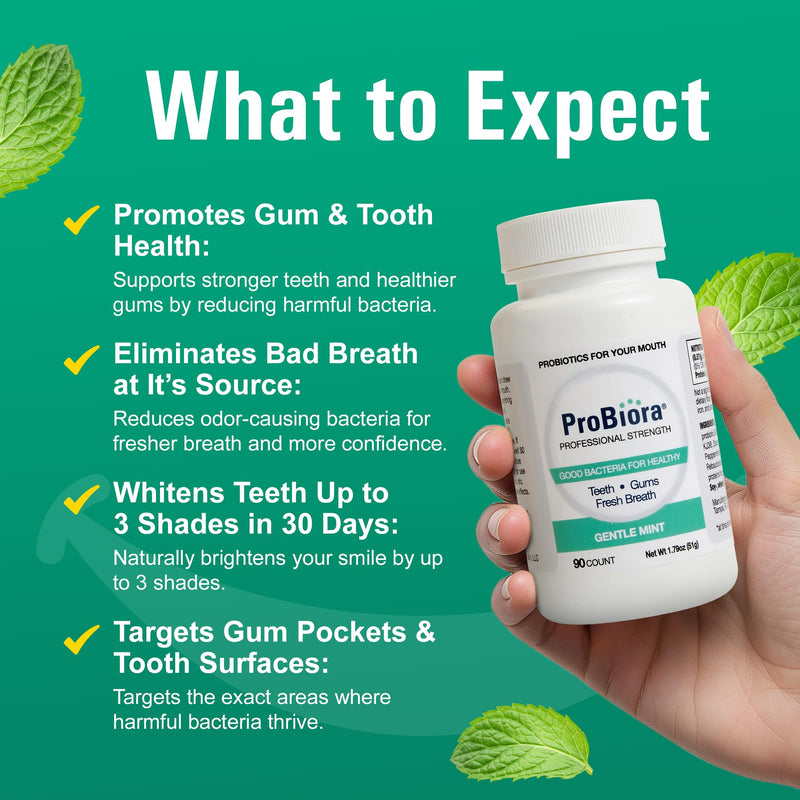 [Australia] - ProBiora Professional Strength Oral Probiotics for Teeth and Gums | Dental Probiotic for Oral Health | Bad Breath Treatment for Adults | Tooth Whitening | ProBiora3 Probiotic Blend | 90 Mint Tablets Gentle Mint 