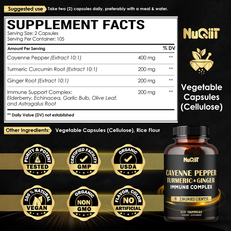 [Australia] - 210 Pills - Cayenne Pepper Capsules Organic with Turmeric, Ginger, Immune Support Complex as Elderberry, Echinacea, Garlic Bulb - Digestion, Heart Health & Body Management 