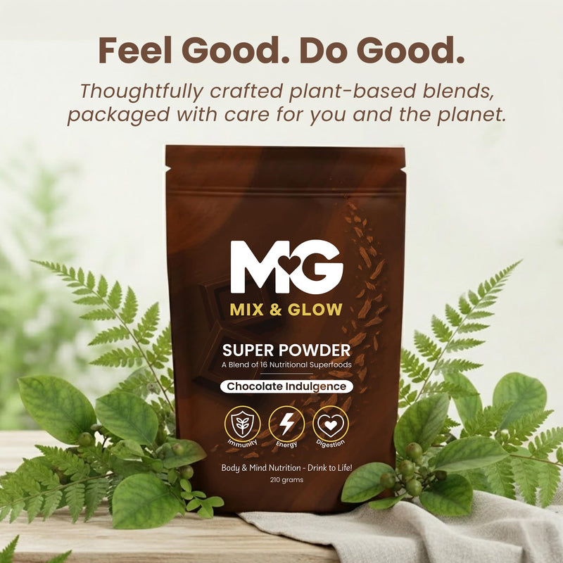 Mix & Glow Super Powder | 16 Advanced Superfoods, Prebiotic Herbs, Greens and Adaptogens Including Turmeric, MCT Oil & Cacao | Vegan & Gluten Free | 30 Servings | Chocolate Indulgence