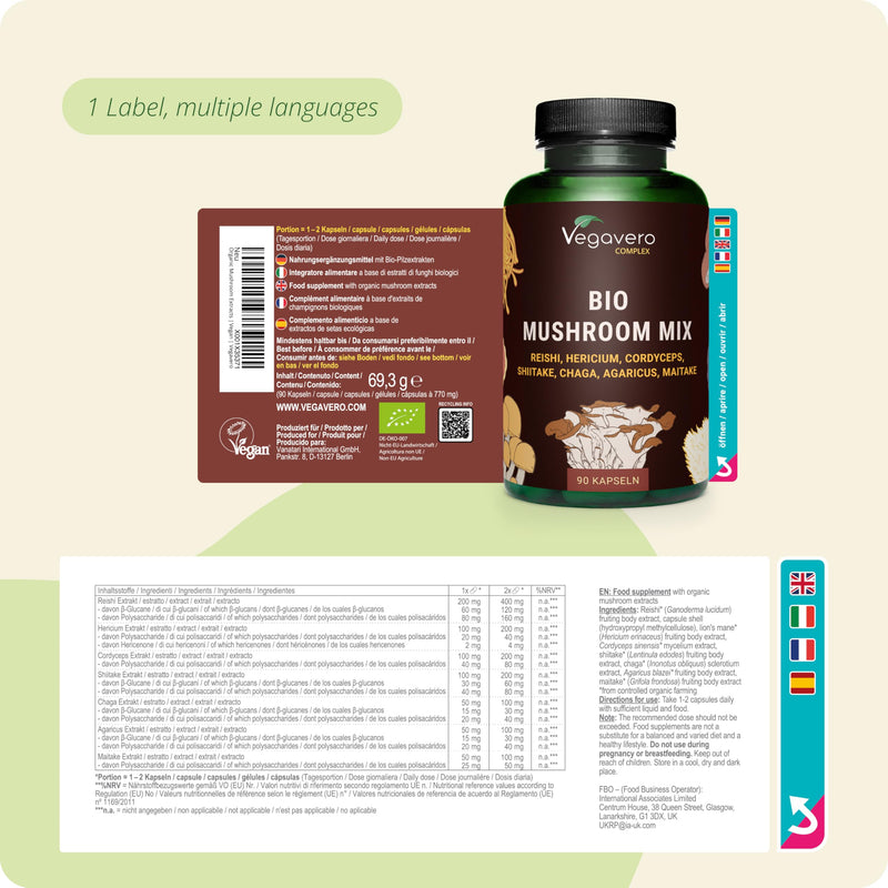 Vegavero Certified Organic Mushroom Complex 1300 mg | NO Additives, Lab-Tested | Standardised Bioactive Polysaccharides, Beta Glucans and Hericenones | 90 Capsules | Vegan