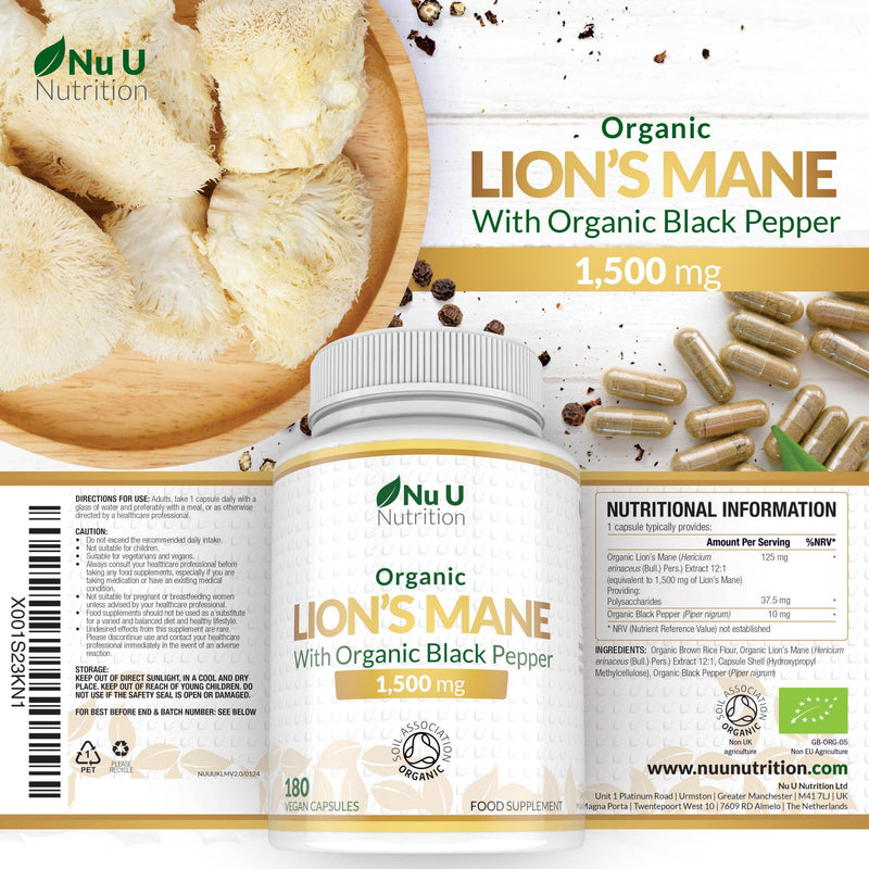 Organic Lions Mane Supplement 1500mg - 180 High Strength Vegan Capsules - 6 Month Supply - Lion’s Mane Mushroom with Organic Black Pepper - Made in the UK - Nu U Nutrition Lion's Mane
