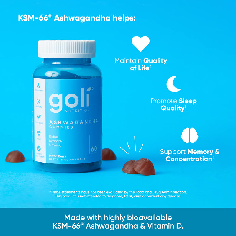 [Australia] - Goli Ashwagandha & Vitamin D Gummy - 60 Count - Mixed Berry, KSM-66, Vegan, Plant Based, Non-GMO, Gluten-Free & Gelatin Free Relax. Restore. Unwind, Pack of 1 