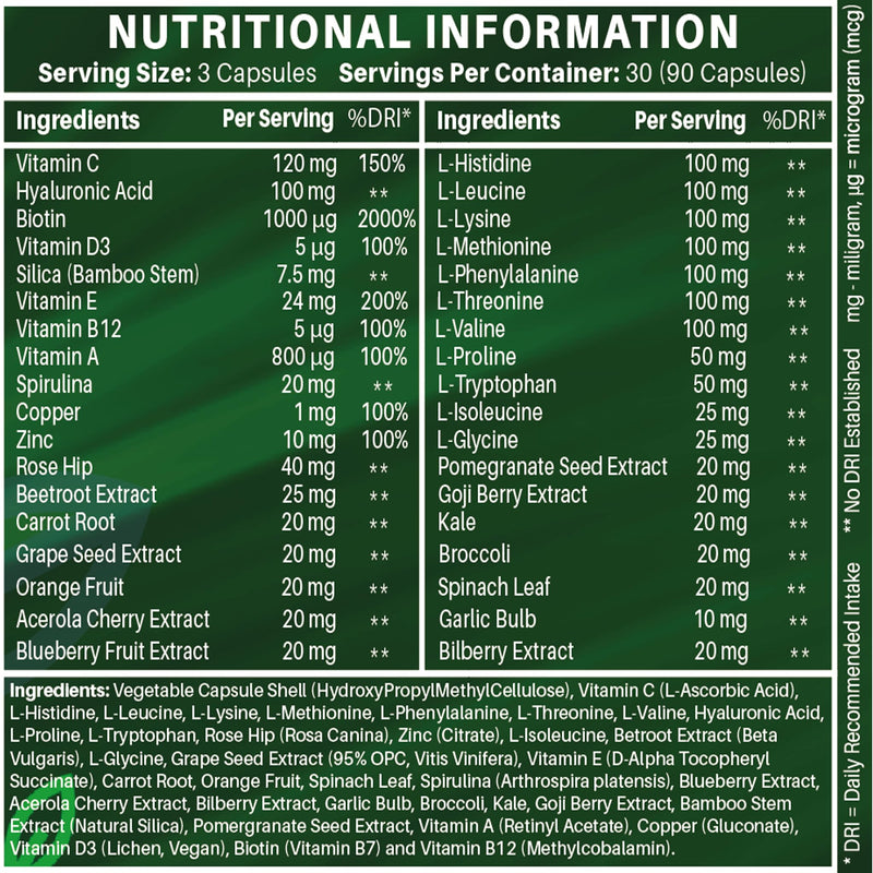 Nutrabytes Vegan Collagen Supplements for Women & Men | Plant-Based Vegan Collagen Capsules with Hyaluronic Acid, Biotin, Vitamin E, D3, C & Amino Acids | Vegetarian Collagen | UK Made