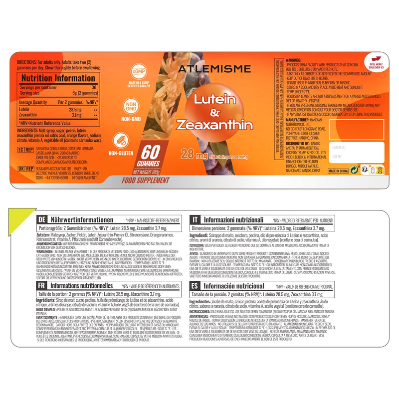 Lutein Gummies (60 Gums). Gummies for Eyes with Lutein (28.5 mg), Zeaxanthin and Vitamin A (30 Day Pack), Orange Flavor, Vegan, Non-GMO, Gluten-Free, Supports Eye Health