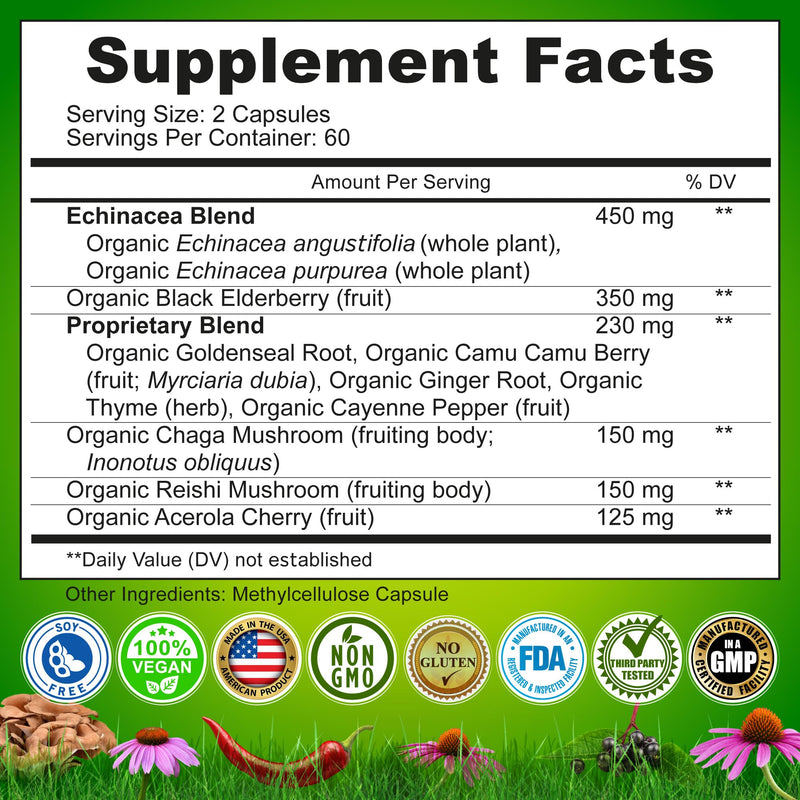 [Australia] - Echinacea Goldenseal Capsules - 10 in 1 Immune Support Supplement - 1455mg - Vegan Echinacea Capsules Supplement Made With Organic Whole Foods - Herbal Immune System Support - 2 Month Supply 120 Count (Pack of 1) 