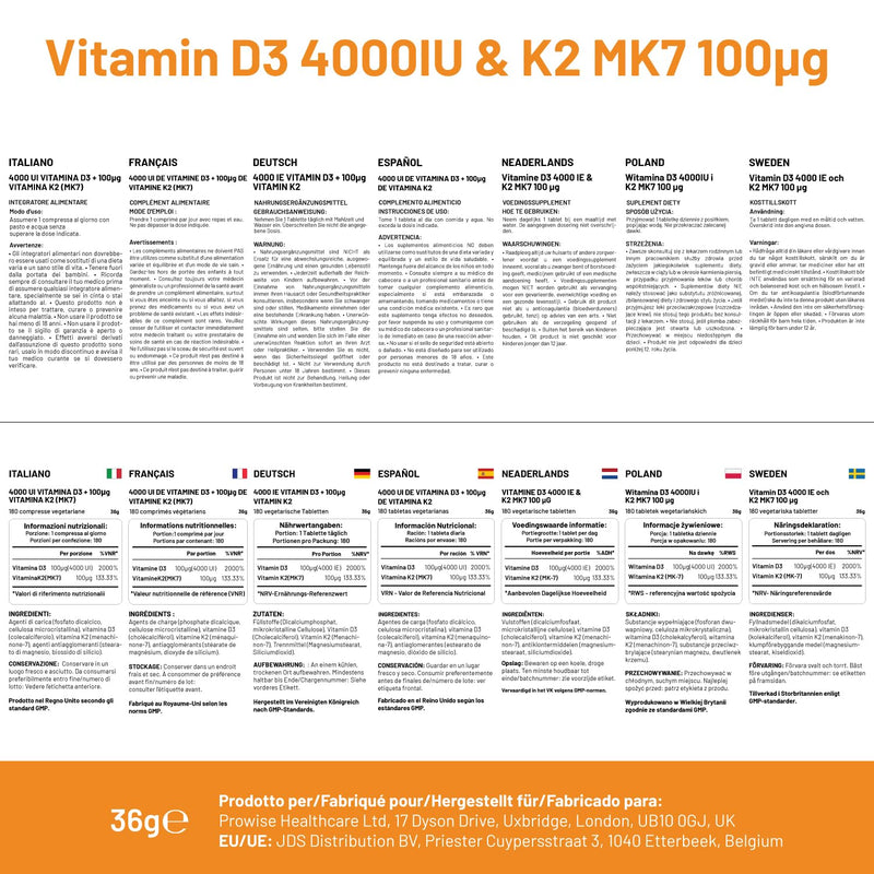 Vitamin D3 4000IU & K2 MK7 100µg Vegetarian Tablets I 180 (6 Months Supply) I Easy to Swallow Supplement for Immune Support, Calcium Boost, Bone & Muscle I Made in The UK by Prowise Healthcare