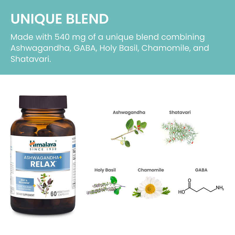 [Australia] - Himalaya Ashwagandha+ Relax, with GABA, Holy Basil & Chamomile for Reset, Relaxation & Stress Relief, Vegan, Gluten Free, 540 mg, 60 Vegetarian Capsules, 1 Month Supply 