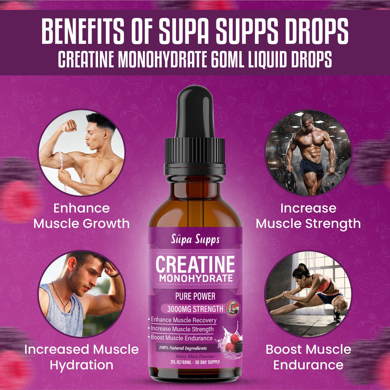 Creatine Monohydrate Drops 60ml - Liquid Alternative to Creatine Monohydrate Powder, Ideal for Gym Performance, Bulk Creatine Formula, Supports Muscle Growth, Recovery, and Energy - Berry Flavour 60 ml (Pack of 1)