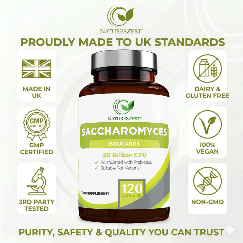 Saccharomyces Boulardii 20 Billion CFU - 120 Capsules | High Strength Prebiotics and Probiotics for Women & Men | Digestion Supplement with Natural Postbiotic Benefits | Vegan | 4 Months Supply