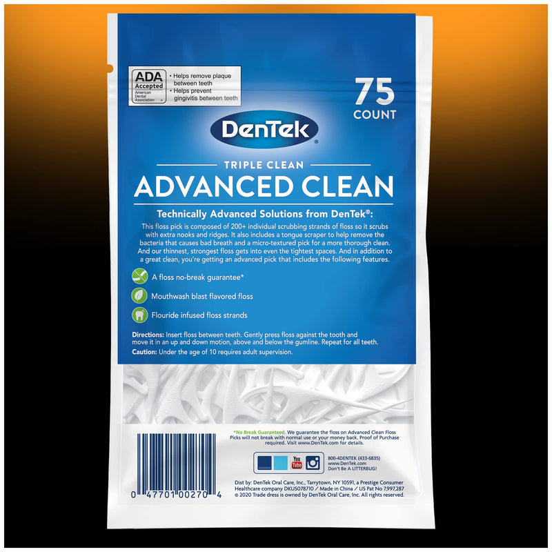 [Australia] - DenTek Triple Clean Advanced Clean Floss Picks, No Break & No Shred Floss, 75 Count, 3 Pack 75 Count (Pack of 3) 