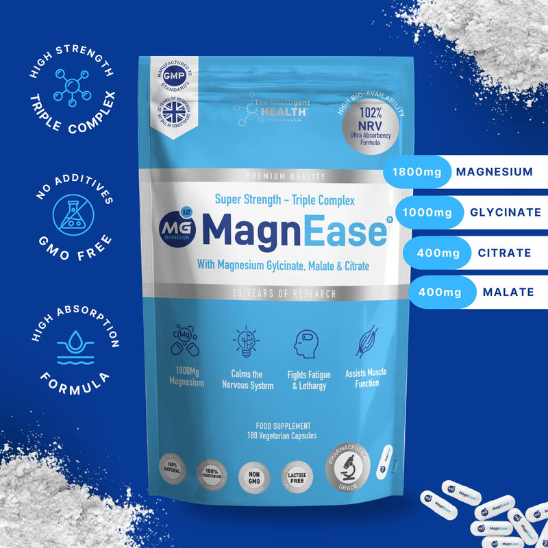 The Intelligent Health MagnEase Magnesium Glycinate 3-in-1 Complex - 1800mg High Bioavailability Magnesium Supplements - with Malate & Citrate for Muscle Function & Fatigue - 180 Capsules